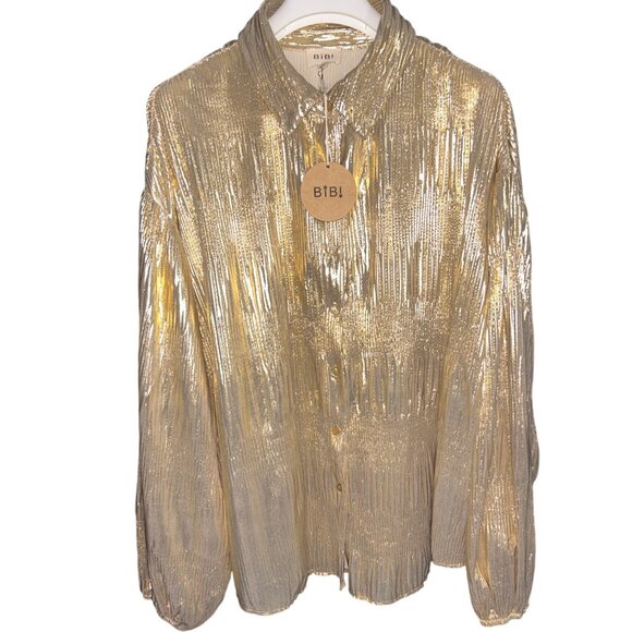 BiBi Metallic Gold Button Down Shirt / Button Up Top / Size L Oversize Fit / NWT - Picture 1 of 12